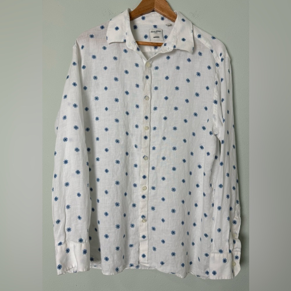 Baird McNutt 100% Linen Men’s Long Sleeve Woven Shirt White w/ Blue Print Size L